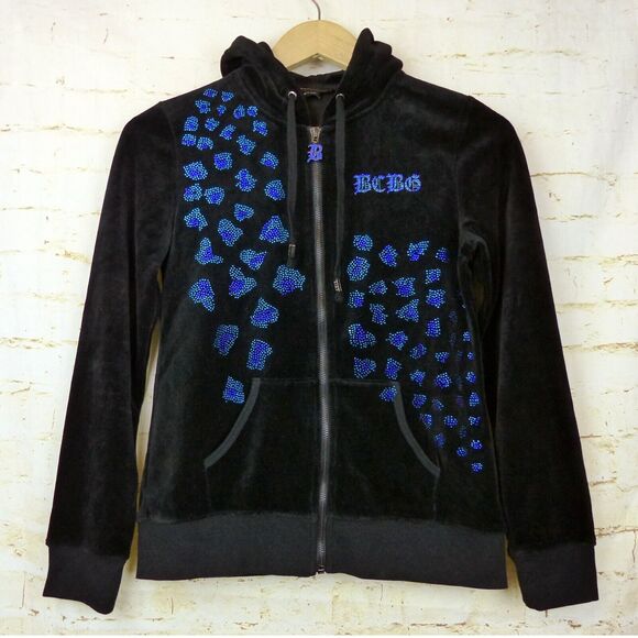 Vtg BCBGMAXAZRIA Y2K Velour Hoodie Track Jacket S Black Rhinestone Animal Spots - Picture 5 of 14